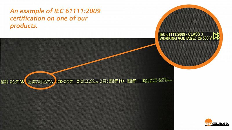 <p>A close-up of IEC certification on a marking tape.</p>
